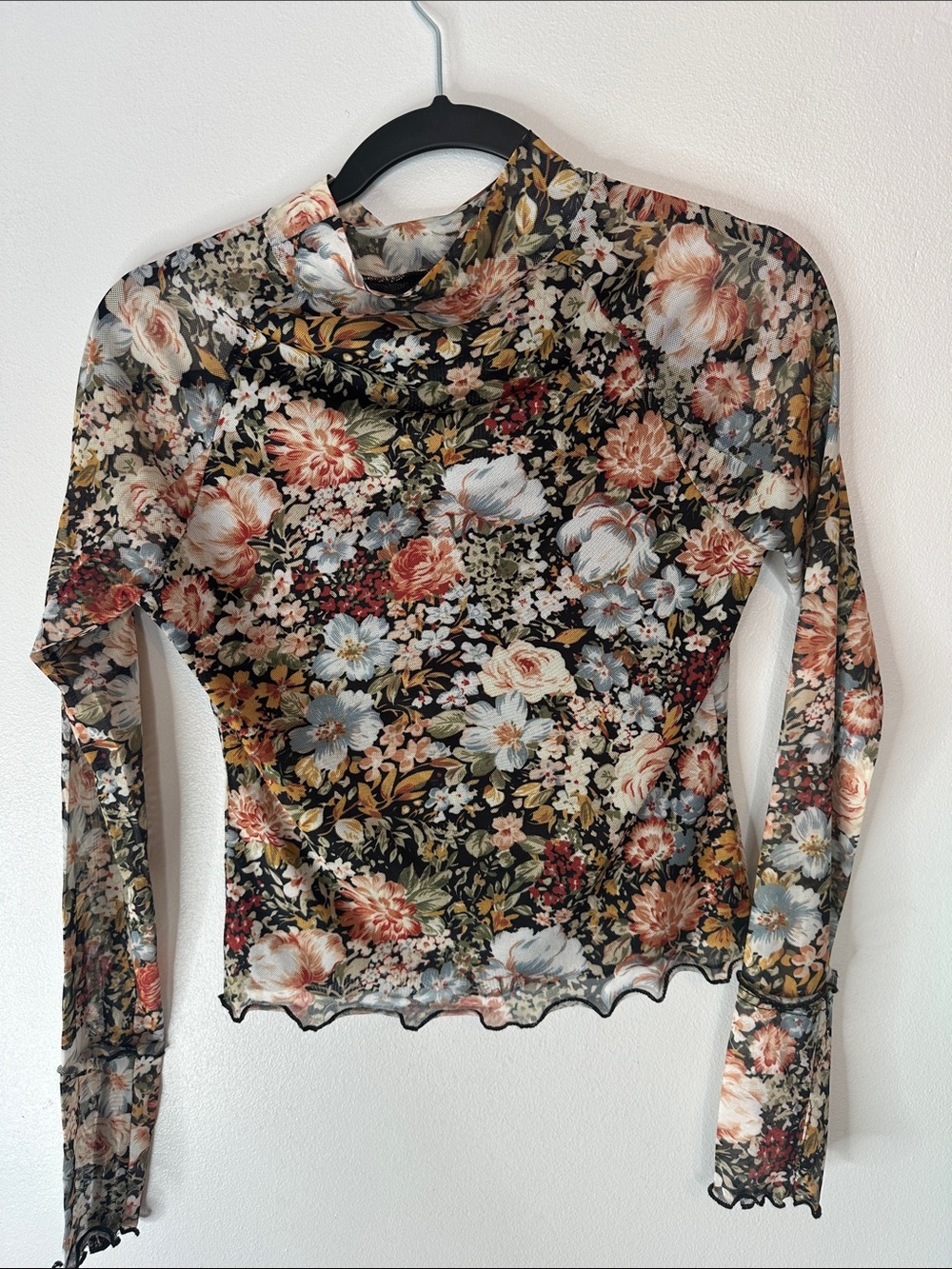 Promesa Black Floral Mesh Mock Neck Long Sleeve Top